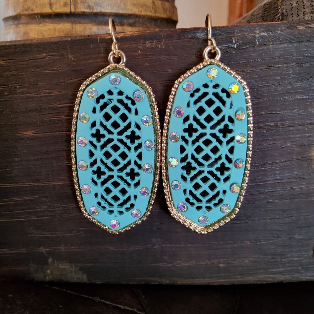 Aqua Filigree Dangle Rhinestone Earrings Gold Tone